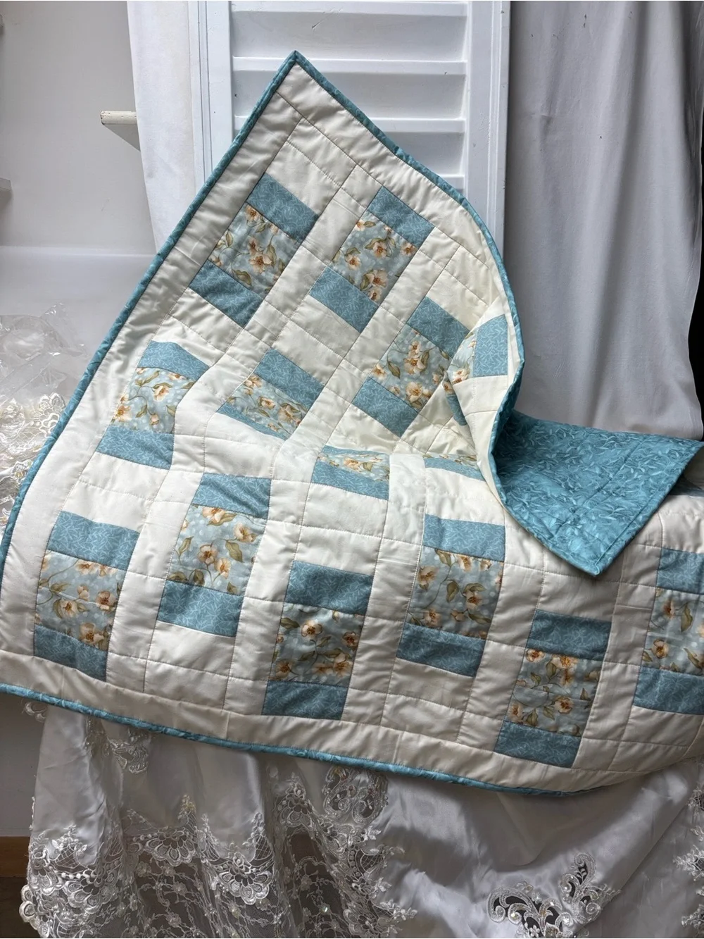 Light Teal & Cream Patchwork Small Quilt